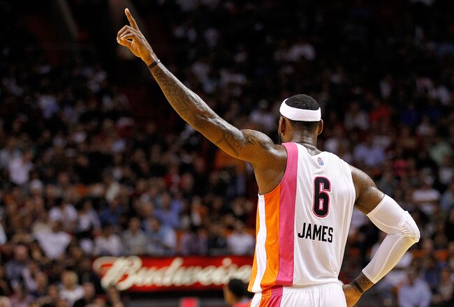 MIAMI, FL - JANUARY 21: LeBron James #6 of the Miami Heat calls a play during a game against the Philadelphia 76ers at American Airlines Arena on January 21, 2012 in Miami, Florida. NOTE TO USER: User expressly acknowledges and agrees that, by downloading and/or using this Photograph, User is consenting to the terms and conditions of the Getty Images License Agreement.  (Photo by Mike Ehrmann/Getty Images)