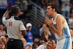 DENVER, CO - JANUARY 13:  Rudy Fernandez #5 of the Denver Nuggets pleades with referee James Williams #60 at the Pepsi Center on January 13, 2012 in Denver, Colorado. The Nuggets defeated the Heat 117-104. NOTE TO USER: User expressly acknowledges and agrees that, by downloading and or using this photograph, User is consenting to the terms and conditions of the Getty Images License Agreement.  (Photo by Doug Pensinger/Getty Images)