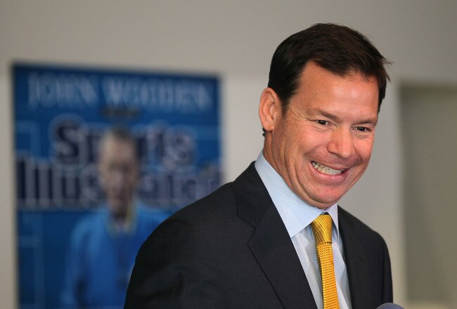LOS ANGELES, CA - DECEMBER 13:  Jim Mora laughs at a press conference introducing him as head UCLA football coach at the J.D. Morgan Center at UCLA on December 13, 2011 in Los Angeles, California.  (Photo by Stephen Dunn/Getty Images)