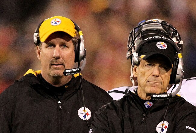 SAN FRANCISCO, CA - DECEMBER 19:  Linebackers coach Keith Butler (L) and defensive coordinator Dick Lebeau of the Pittsburgh Steelers watch from the sidelines during the game against the San Francisco 49ers at Candlestick Park on December 19, 2011 in San Francisco, California.  (Photo by Karl Walter/Getty Images)