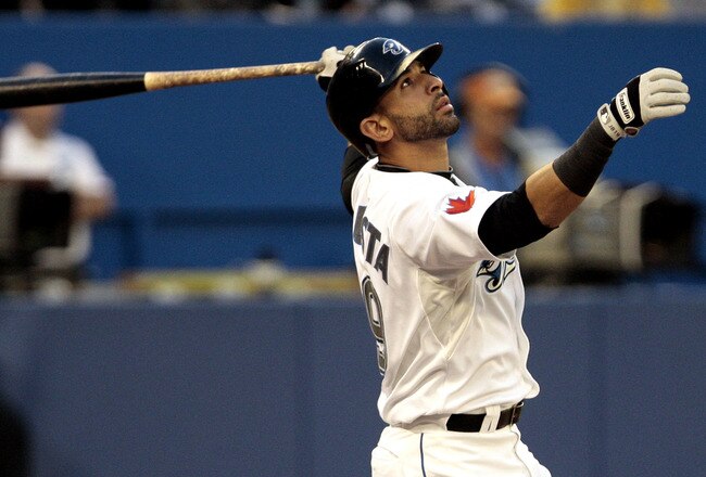 TORONTO, CANADA - SEPTEMBER 6: Jose Bautista #19 of the Toronto Blue Jays watches a fly ball during MLB action against the Boston Red Sox at the Rogers Centre September 6, 2011 in Toronto, Ontario, Canada. (Photo by Abelimages/Getty Images)