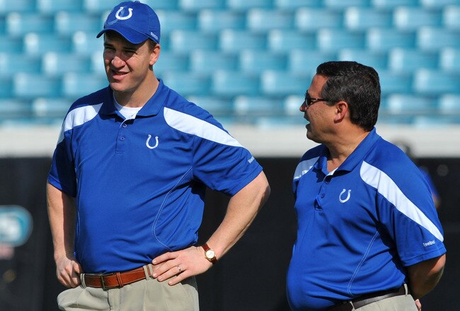 JACKSONVILLE, FL - JANUARY 01: Quarterback Peyton Manning #18 of the Indianapolis Colts talks with offensive coordinator Clyde Christensen before the kickoff against the Jacksonville Jaguars January 1, 2012 at EverBank Field in Jacksonville, Florida.  (Photo by Al Messerschmidt/Getty Images)