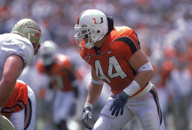 7 Oct 2000:  Dan Morgan #44 of the Miami Hurricanes gets ready for action during the game against the Florida State Seminoles at the Orange Bowl in Miami, Florida.  The Hurricanes defeated the Seminoles 27-24.Mandatory Credit: Andy Lyons  /Allsport
