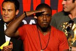 LAS VEGAS - APRIL 30:  Boxer Andre Berto reacts to the crowd from the stage before the start of the Floyd Mayweather Jr. and Shane Mosley weigh-in at the MGM Grand Garden Arena on April 30, 2010 in Las Vegas, Nevada. Mayweather and Mosley will meet in a 12-round welterweight bout on May 1, 2010 in Las Vegas.  (Photo by Ethan Miller/Getty Images)