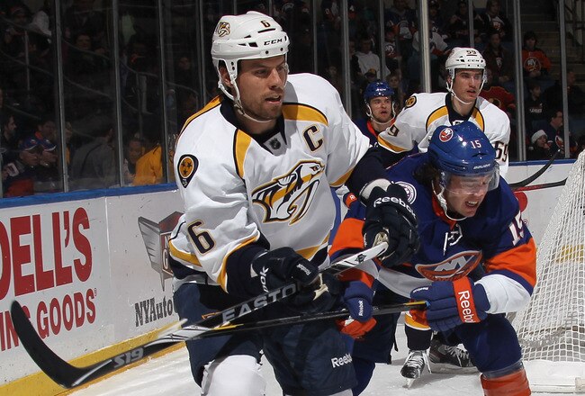 UNIONDALE, NY - JANUARY 16:  Shea Weber #6 of the Nashville Predators skates against the New York Islanders at the Nassau Veterans Memorial Coliseum on January 16, 2012 in Uniondale, New York. The Predators defeated the Islanders 3-1.  (Photo by Bruce Bennett/Getty Images)