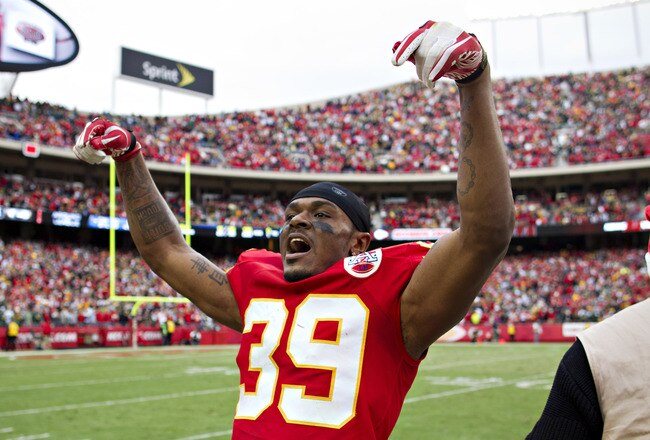 KANSAS CITY, MO - DECEMBER 18:   Brandon Carr #39 of the Kansas City Chiefs celebrates after a win against the Green Bay Packers at Arrowhead Stadium on December 18, 2011 in Kansas CIty, Missouri.  The Chiefs defeated the Packers 19-14.   (Photo by Wesley Hitt/Getty Images)