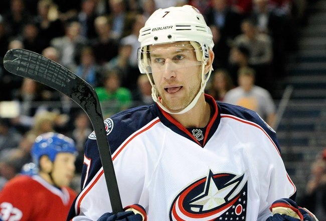 MONTREAL, CANADA - DECEMBER 6:  Jeff Carter #7 of the Columbus Blue Jackets skates during the NHL game against the Montreal Canadiens at the Bell Centre on December 6, 2011 in Montreal, Quebec, Canada.  The Blue Jackets defeated the Canadiens 3-2 in a shootout.  (Photo by Richard Wolowicz/Getty Images)