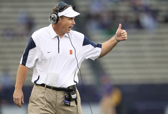 SEATTLE - SEPTEMBER 11:  Head coach Doug Marrone of the Syracuse Orange gestures during the game against the Washington Huskies on September 11, 2010 at Husky Stadium in Seattle, Washington. (Photo by Otto Greule Jr/Getty Images)