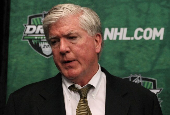 ST PAUL, MN - JUNE 25:  General manager Brian Burke of the Toronto Maple Leafs answers questions after day two of the 2011 NHL Entry Draft at Xcel Energy Center on June 25, 2011 in St Paul, Minnesota.  (Photo by Bruce Bennett/Getty Images)