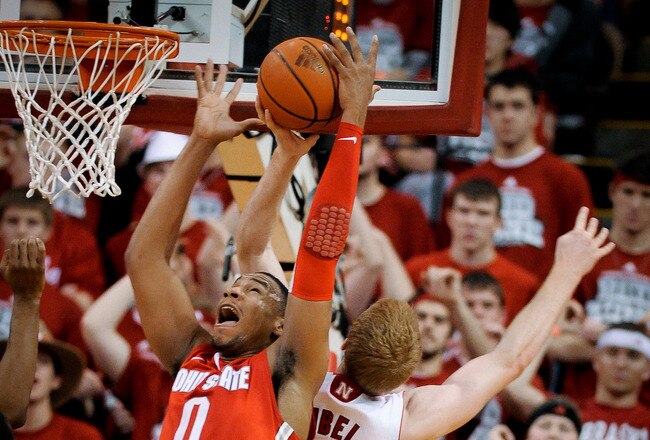 LINCOLN, NE - JANUARY 21: Jared Sullinger #0 of the Ohio State Buckeyes fights with Brandon Ubel #13 of the Nebraska Cornhuskers during their game at The Devany Center January 21, 2012 in Lincoln, Nebraska. Ohio State defeated Nebraska 78-45. (Photo by Eric Francis/Getty Images)
