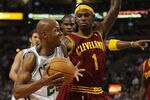 BOSTON, MA - JANUARY 25:  Ray Allen #20 of the Boston Celtics drives past Daniel Gibson #1  of the of the Cleveland Cavaliers on January 25, 2011 at the TD Garden in Boston, Massachusetts. The Celtics defeated the Cavaliers 112-95.  NOTE TO USER: User expressly acknowledges and agrees that, by downloading and/or using this Photograph, User is consenting to the terms and conditions of the Getty Images License Agreement.  (Photo by Elsa/Getty Images)