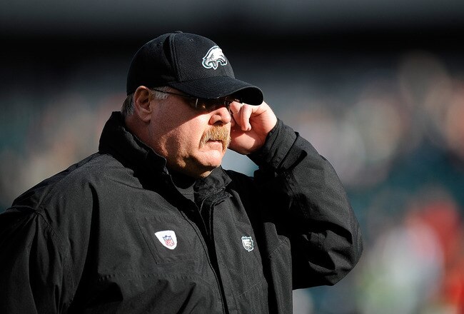 PHILADELPHIA, PA - JANUARY 01:  Head coach Andy Reid of the Philadelphia Eagles walks off the field after the Eagles warmed up before a  game against the Washington Redskins at Lincoln Financial Field on January 1, 2012 in Philadelphia, Pennsylvania.  (Photo by Patrick McDermott/Getty Images)