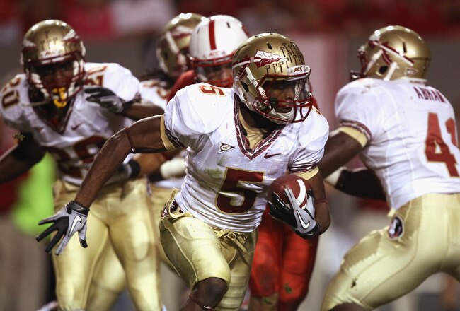 RALEIGH, NC - OCTOBER 28:  Greg Reid #5 of the Florida State Seminoles runs with the ball against the North Carolina State Wolfpack during their game at Carter-Finley Stadium on October 28, 2010 in Raleigh, North Carolina.  (Photo by Streeter Lecka/Getty Images)