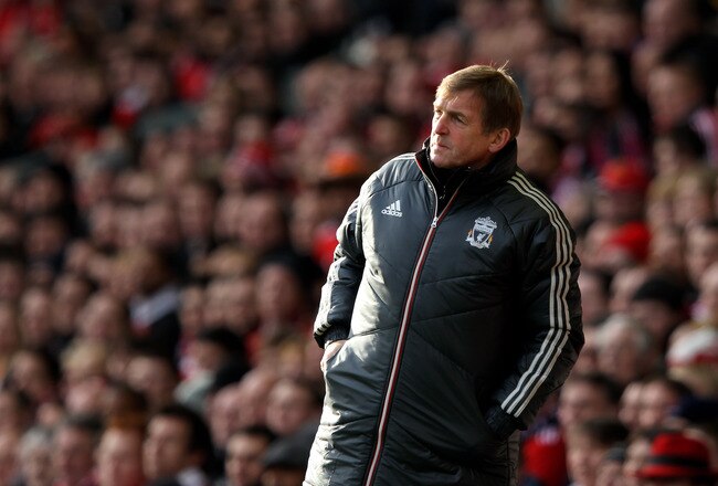 LIVERPOOL, ENGLAND - JANUARY 28:  Liverpool Manager Kenny Dalglish looks on during the FA Cup Fourth Round match between Liverpool and Manchester United at Anfield on January 28, 2012 in Liverpool, England.  (Photo by Alex Livesey/Getty Images)
