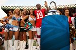 HONOLULU, HI - JANUARY 29:  Brandon Marshall #19 of the Miami Dolphins poses with the Pro Bowl Cheerleaders after the 2012 NFL Pro Bowl at Aloha Stadium on January 29, 2012 in Honolulu, Hawaii.  (Photo by Kent Nishimura/Getty Images)