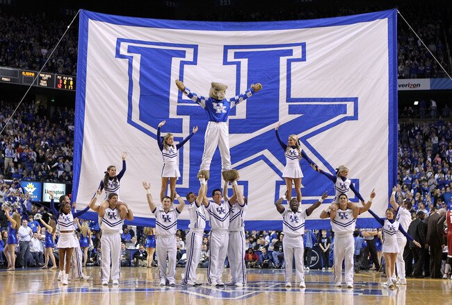 LEXINGTON, KY - JANUARY 21:  The Kentucky Wildcats cheerleaders perform during the game against the Alabama Crimson Tide at Rupp Arena on January 21, 2012 in Lexington, Kentucky.  (Photo by Andy Lyons/Getty Images)
