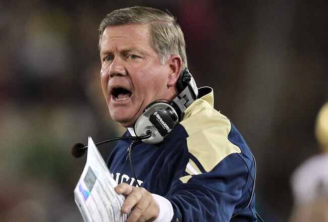 STANFORD, CA - NOVEMBER 26:  Notre Dame Fighting Irish head coach Brian Kelly stands on the sideline during their game against the Stanford Cardinal at Stanford Stadium on November 26, 2011 in Stanford, California.  (Photo by Ezra Shaw/Getty Images)