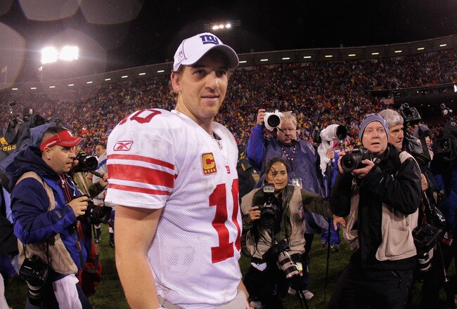 SAN FRANCISCO, CA - JANUARY 22:  Eli Manning #10 of the New York Giants walks off of the field after the Giants won 20-17 in overtime against the San Francisco 49ers during the NFC Championship Game at Candlestick Park on January 22, 2012 in San Francisco, California.  (Photo by Doug Pensinger/Getty Images)