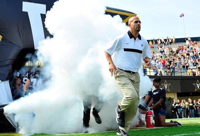 NASHVILLE, TN - SEPTEMBER 17:  Coach James Franklin of the Vanderbilt Commodores leads his team onto the field for a game against the Ole Miss Rebels at Vanderbilt Stadium on September 17, 2011 in Nashville, Tennessee.  (Photo by Grant Halverson/Getty Images)