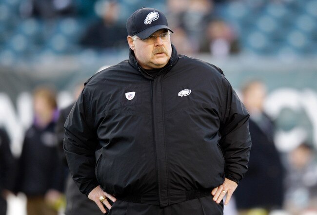 PHILADELPHIA, PA - DECEMBER 18: Head coach Andy Reid of the Philadelphia Eagles watches the Eagles warm up before the start of their game against the New York Jets  at Lincoln Financial Field on December 18, 2011 in Philadelphia, Pennsylvania.  (Photo by Rob Carr/Getty Images)