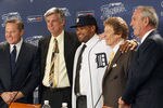 DETROIT, MI - JANUARY 26:  (L-R) Agent Scott Boras, CEO and general manager Dave Dombrowski of the Detroit Tigers, Prince Fielder, owner Mike Ilitch and manager Jim Leyland pose during a press conference amnnouncing the signing of Fielder at Comerica Park on January 26, 2012 in Detroit, Michigan.  (Photo by Jorge Lemus/Getty Images)