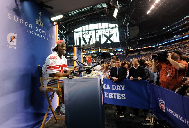 INDIANAPOLIS, IN - JANUARY 31:  Antrel Rolle #26 of the New York Giants answers question from the media during Media Day ahead of Super Bowl XLVI against the New England Patriots at Lucas Oil Stadium on January 31, 2012 in Indianapolis, Indiana.  (Photo by Michael Heiman/Getty Images)