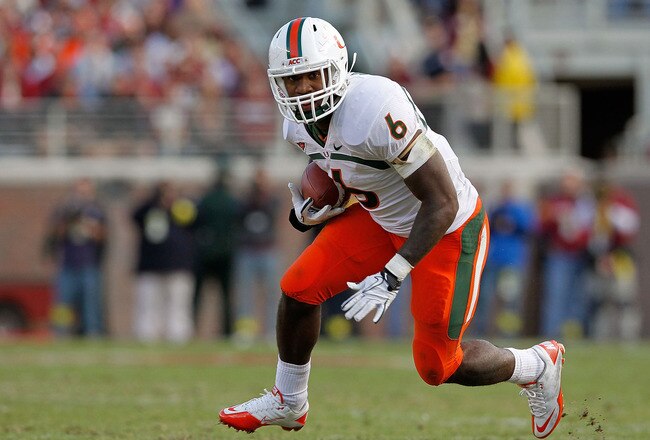 TALLAHASSEE, FL - NOVEMBER 12: Lamar Miller #6 of the Miami Hurricanes rushes during a game  against the Florida State Seminoles at Doak Campbell Stadium on November 12, 2011 in Tallahassee, Florida.  (Photo by Mike Ehrmann/Getty Images)