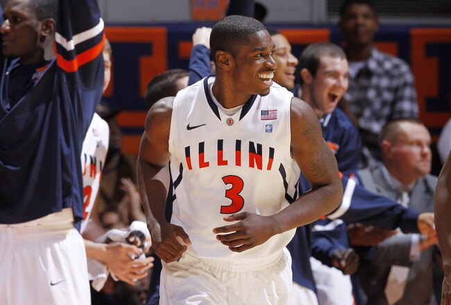CHAMPAIGN, IL - JANUARY 10: Brandon Paul #3 of the Illinois Fighting Illini smiles after making a three-point basket against the Ohio State Buckeyes at Assembly Hall on January 10, 2012 in Champaign, Illinois. The Illini defeated the Buckeyes 79-74 as Paul scored 43 points. (Photo by Joe Robbins/Getty Images)