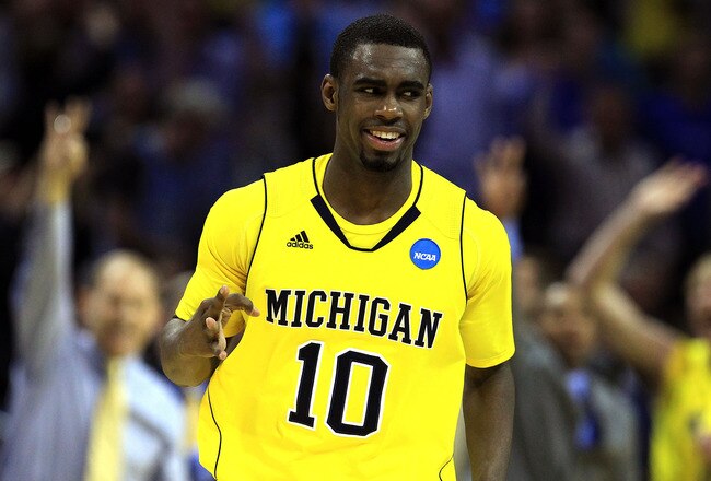 CHARLOTTE, NC - MARCH 20:  Tim Hardaway Jr. #10 of the Michigan Wolverines reacts after making a three-pointer in the second half while taking on the Duke Blue Devils during the third round of the 2011 NCAA men's basketball tournament at Time Warner Cable Arena on March 20, 2011 in Charlotte, North Carolina.  (Photo by Streeter Lecka/Getty Images)