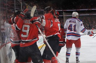 NEWARK, NJ - JANUARY 31:  Zach Parise #9 of the New Jersey Devils celebrates his goal at 8:20 of the second period against the New York Rangers at the Prudential Center on January 31, 2012 in Newark, New Jersey.  (Photo by Bruce Bennett/Getty Images)
