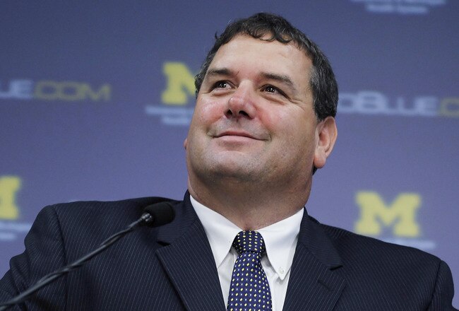 ANN ARBOR, MI - JANUARY 12:  New University of Michigan head football coach Brady Hoke talks during his introductory press confrence at the Junge Family Champions Center on January 12, 2011 in Ann Arbor, Michigan.  (Photo by Gregory Shamus/Getty Images)