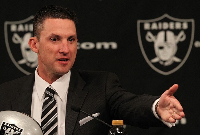 ALAMEDA, CA - JANUARY 30:  New Oakland Raiders head coach Dennis  Allen speaks to reporters during a press conference on January 30, 2012 in Alameda, California. Dennis Allen was introduced as the new coach of the Oakland Raiders, replacing Hue Jackson who was fired after one season.  (Photo by Justin Sullivan/Getty Images)