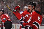 NEWARK, NJ - JANUARY 31: Zach Parise #9 of the New Jersey Devils celebrates his goal at 8:20 of the second period against the New York Rangers at the Prudential Center on January 31, 2012 in Newark, New Jersey.  (Photo by Bruce Bennett/Getty Images)
