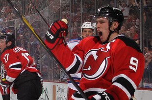 NEWARK, NJ - JANUARY 31: Zach Parise #9 of the New Jersey Devils celebrates his goal at 8:20 of the second period against the New York Rangers at the Prudential Center on January 31, 2012 in Newark, New Jersey.  (Photo by Bruce Bennett/Getty Images)
