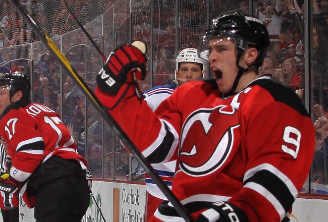 NEWARK, NJ - JANUARY 31: Zach Parise #9 of the New Jersey Devils celebrates his goal at 8:20 of the second period against the New York Rangers at the Prudential Center on January 31, 2012 in Newark, New Jersey.  (Photo by Bruce Bennett/Getty Images)
