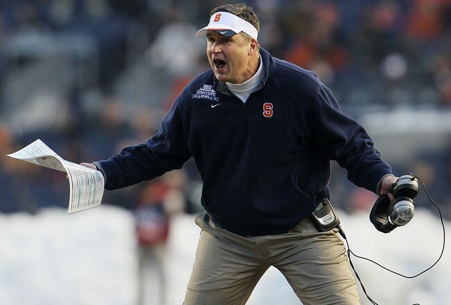 NEW YORK, NY - DECEMBER 30: Syracuse Orange head coach Doug Marrone yells at the referee against the Kansas State Wildcats during the New Era Pinstripe Bowl at Yankee Stadium on December 30, 2010 in New York, New York.  (Photo by Chris McGrath/Getty Images)