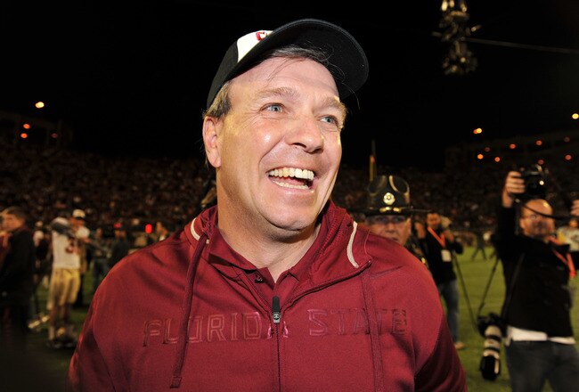 ORLANDO, FL - DECEMBER 29: Coach Jimbo Fisher of the Florida State Seminoles celebrates a victory against the Notre Dame Fight Irish  in the 2011 Champs Sports Bowl December 29, 2011 at the Florida Citrus Bowl in Orlando, Florida.  FSU won 18  15. (Photo by Al Messerschmidt/Getty Images)