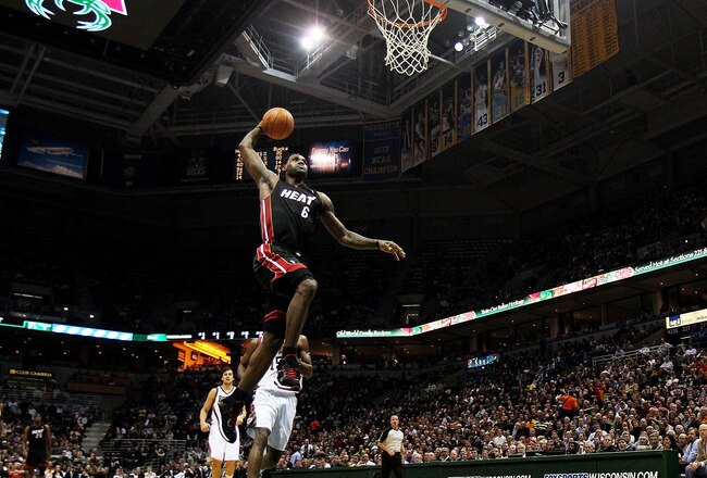 MILWAUKEE, WI - DECEMBER 06: LeBron James #6 of the Miami Heat goes up for a dunk against the Milwaukee Bucks at the Bradley Center on December 6, 2010 in Milwaukee, Wisconsin. The Heat defeated the Bucks 88-78. NOTE TO USER: User expressly acknowledges and agrees that, by downloading and/or using this photograph, User is consenting to the terms and conditions of the Getty Images License Agreement. (Photo by Jonathan Daniel/Getty Images)