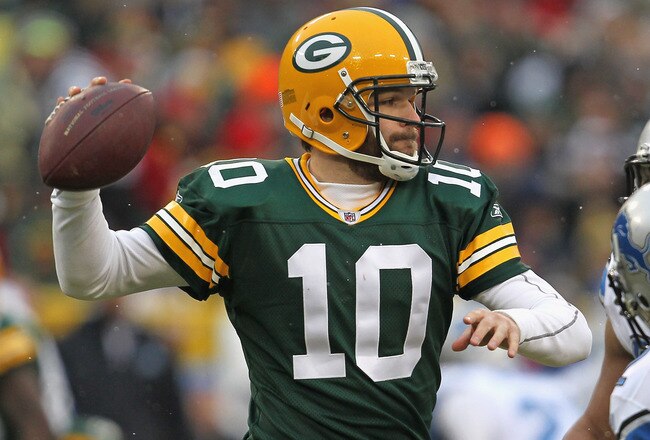 GREEN BAY, WI - JANUARY 01:  Matt Flynn #10 of the Green Bay Packers throws a pass against the Detroit Lions at Lambeau Field on January 1, 2012 in Green Bay, Wisconsin. The Packers defeated the Lions 45-41.  (Photo by Jonathan Daniel/Getty Images)