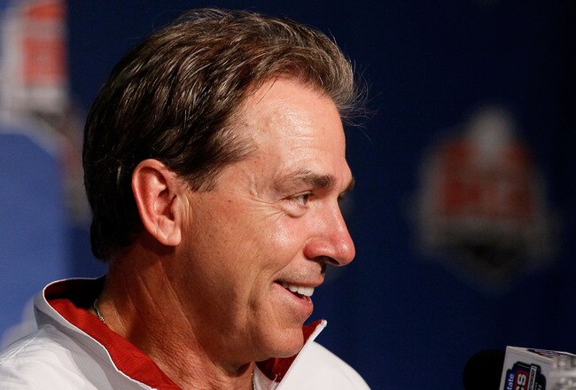 NEW ORLEANS, LA - JANUARY 09:  Head coach Nick Saban of the Alabama Crimson Tide speaks to the media after defeating Louisiana State University Tigers in the 2012 Allstate BCS National Championship Game at Mercedes-Benz Superdome on January 9, 2012 in New Orleans, Louisiana. Alabama won the game by a score of 21-0.  (Photo by Chris Graythen/Getty Images)