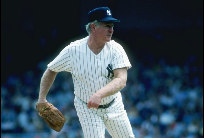 Aug 1982:  Pitcher Whitey Ford of the New York Yankees throws a pitch during a game at Yankee Stadium in Bronx, New York. Mandatory Credit: T. G. Higgins  /Allsport