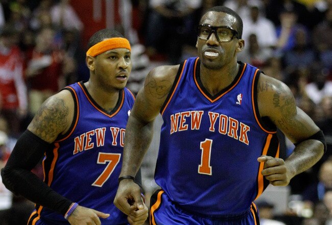 WASHINGTON, DC - JANUARY 06: Carmelo Anthony #7 and Amare Stoudemire #1 of the New York Knicks run up the court against the Washington Wizards at Verizon Center on January 6, 2012 in Washington, DC.  NOTE TO USER: User expressly acknowledges and agrees that, by downloading and or using this photograph, User is consenting to the terms and conditions of the Getty Images License Agreement.  (Photo by Rob Carr/Getty Images)
