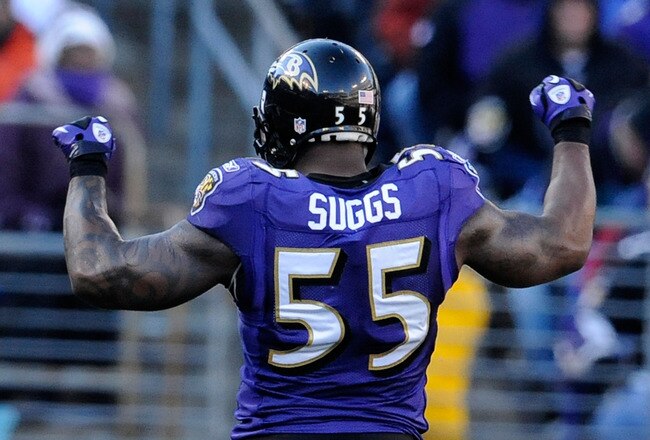 BALTIMORE, MD - JANUARY 15:  Terrell Suggs #55 of the Baltimore Ravens celebrates during the third quarter of the AFC Divisional playoff game against the Houston Texans at M&T Bank Stadium on January 15, 2012 in Baltimore, Maryland.  (Photo by Patrick McDermott/Getty Images)