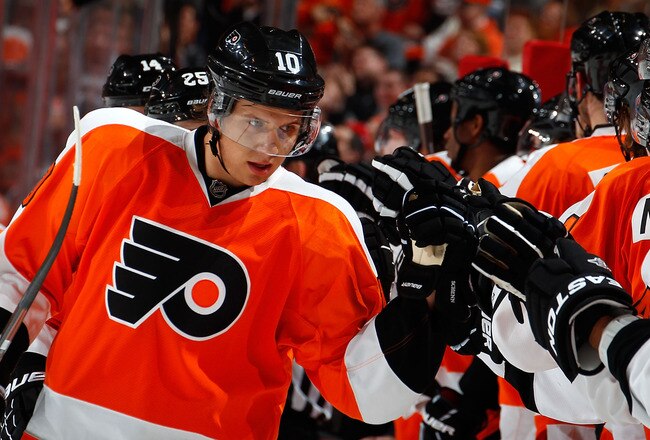 PHILADELPHIA, PA - JANUARY 31:  Brayden Schenn #10 of the Philadelphia Flyers celebrates his goal during the first period of an NHL hockey game against the Winnipeg Jets at Wells Fargo Center on January 31, 2012 in Philadelphia, Pennsylvania.  (Photo by Paul Bereswill/Getty Images)