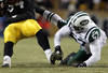 PITTSBURGH, PA - JANUARY 23:  Rashard Mendenhall #34 of the Pittsburgh Steelers runs down field against Bart Scott #57 of the New York Jets  during the 2011 AFC Championship game at Heinz Field on January 23, 2011 in Pittsburgh, Pennsylvania.  (Photo by Al Bello/Getty Images)