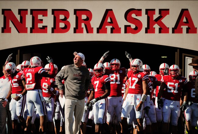 LINCOLN, NE - OCTOBER 30: Coach Bo Pelini soaks up the atmosphere before leading his Nebraska Cornhusker football team on the field against the Missouri Tigers at Memorial Stadium on October 30, 2010 in Lincoln, Nebraska. Nebraska Defeated Missouri 31-17. (Photo by Eric Francis/Getty Images)