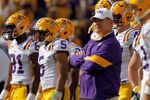 BATON ROUGE, LA - NOVEMBER 25:  Head coach Les Miles stands with his team before taking on the Arkansas Razorbacks at Tiger Stadium on November 25, 2011 in Baton Rouge, Louisiana.  (Photo by Chris Graythen/Getty Images)