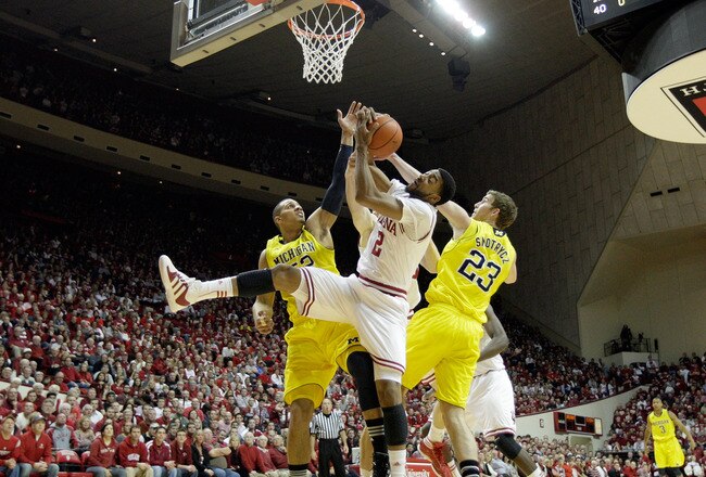 BLOOMINGTON, IN - JANUARY 05:  Christian Watford #2 of the Indiana Hoosiers grabs a rebound during the Big Ten Conference game against the Michigan Wolverines at Assembly Hall on January 5, 2012 in Bloomington, Indiana.  (Photo by Andy Lyons/Getty Images)