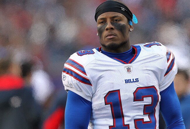 FOXBORO, MA - JANUARY 1:   Steve Johnson #13 of the Buffalo Bills watches the action from the sidelines during a game with New England Patriots in the second half at Gillette Stadium on January 1, 2012 in Foxboro, Massachusetts. (Photo by Jim Rogash/Getty Images)