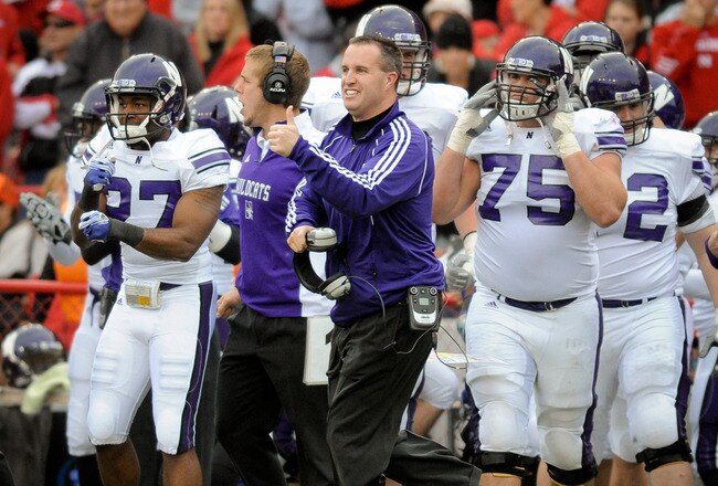 LINCOLN, NE - NOVEMBER 05:  Coach Pat Fitzgerald of the Northwestern Wildcats  gives the thumbs up to his team during their game against the Nebraska Cornhuskers at Memorial Stadium November 5, 2011 in Lincoln, Nebraska.  Northwestern beat Nebraska 28-25. (Photo by Eric Francis/Getty Images)